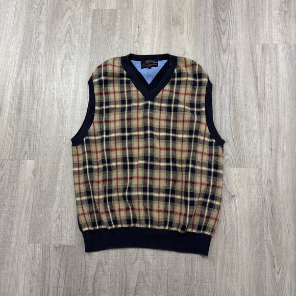 Vintage Tommy Hilfiger Golf Sweater Vest Men's Large Blue Tan Plaid Preppy 90s - Picture 1 of 6